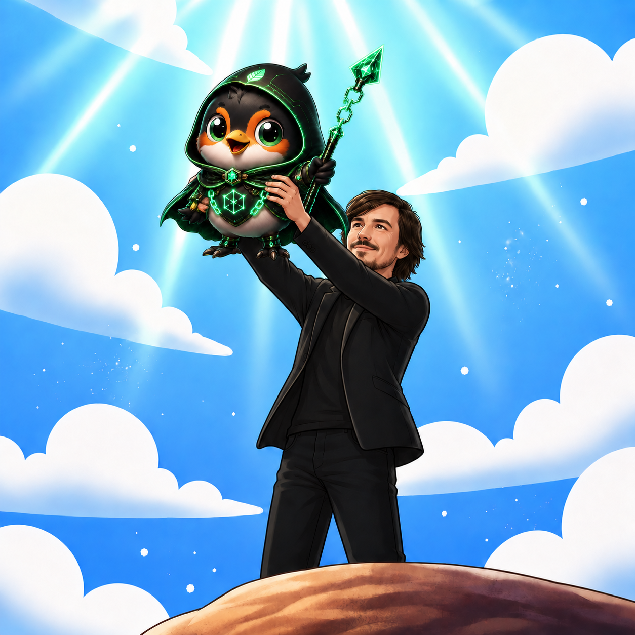 Robi, the hooded bird mascot of Robinhood Chain, holding a glowing crystal staff